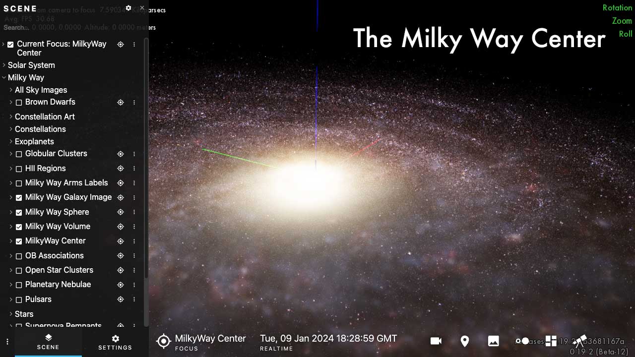 This node puts an axis at the center of the milky way. This can be useful if you want to rotate around the milky way, instead of the Earth/Sun system, which is located way out towards the edge.