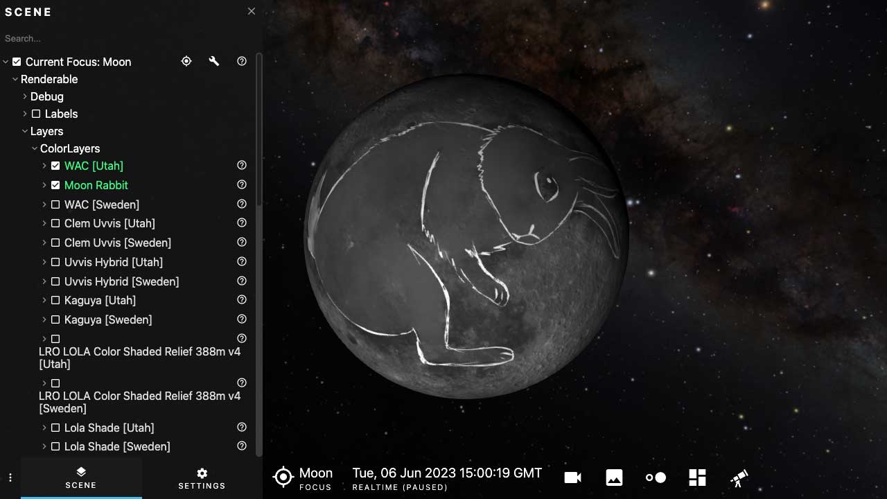 What do you see in the moon? One of the interpretations of the variations in color on the lunar surface is the well known Moon Rabbit. This asset is an image layer that shows the moon rabbit.