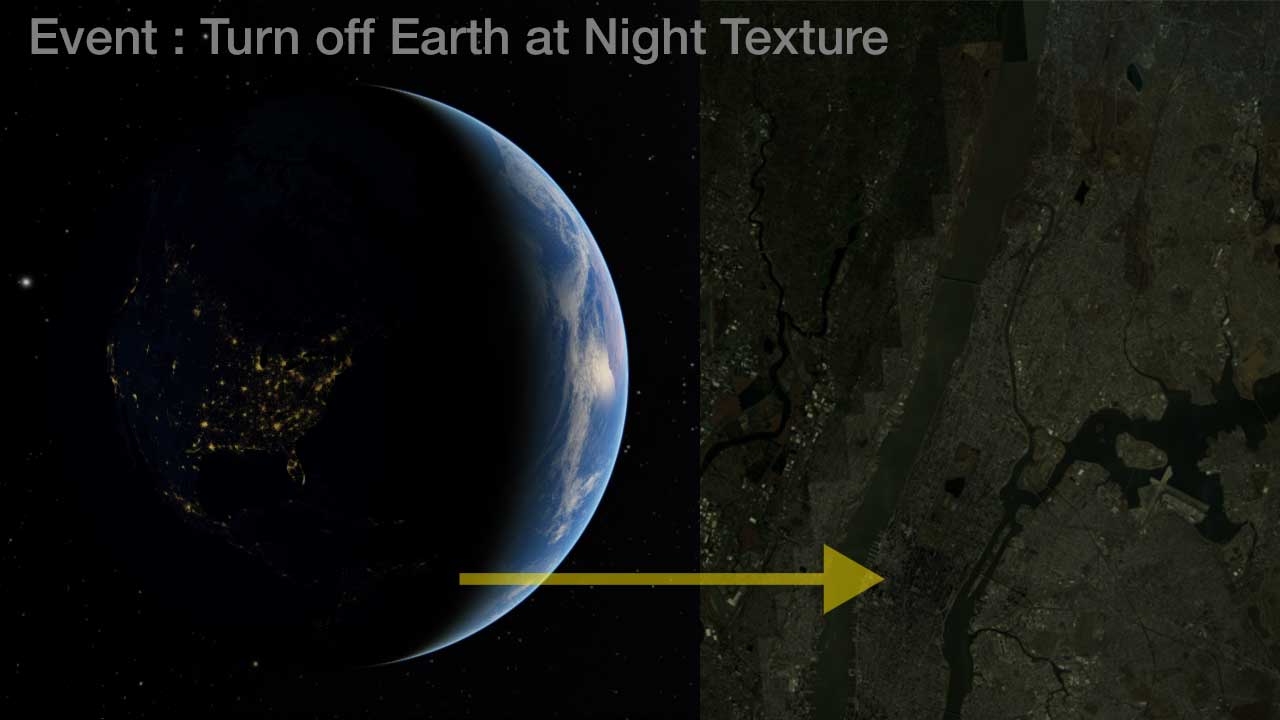 When close the surface, the night layer makes the ground just look all yellow. This event asset will auto toggle the night light layer when the camera has 'reached' the Earth, i.e. when it's near the surface. It will show the night layer again when the camera has receded from the surface.