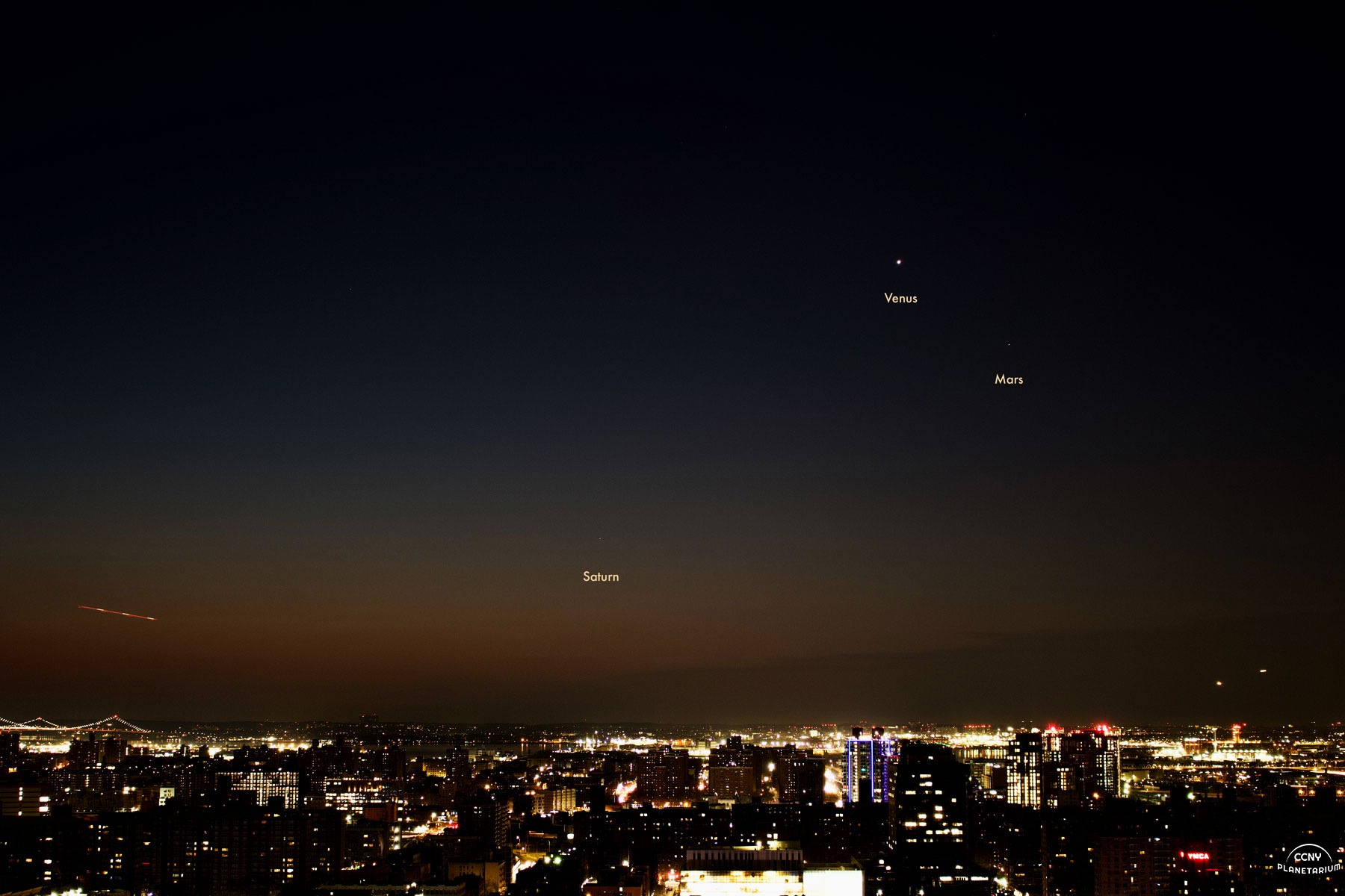 Photograph of Venus, Mars, and Saturn in the early AM hours. 